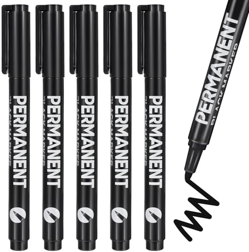 SEPVEL Permanent Marker Pens, 5 Pcs Fine Tip Black Marker Pen Waterproof and Quick Drying Fabric Pens Permanent for Clothes, Stones,Glass, Rock Painting, Ceramic, Metal, Wood, Canvas, Marking
