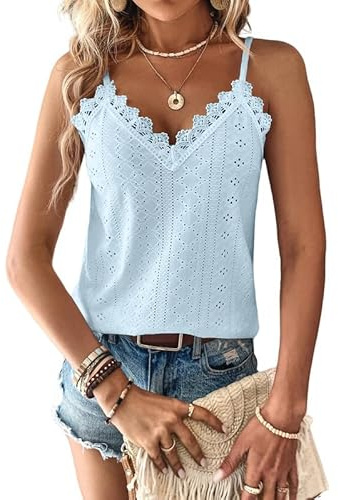 Haibang Vest Tops Women Lace Trim V Neck Ladies Summer Tops Tank Tops Sleeveless Spaghetti Strap Cami Top Eyelet Embroidery Camisole Loose Fit Blouse Shirt