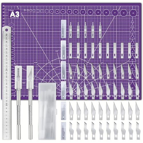 Cutting Mat Set A3 with Steel Ruler - Self-Healing Craft Mat for Sewing, Fabric & Drawing Projects Purple