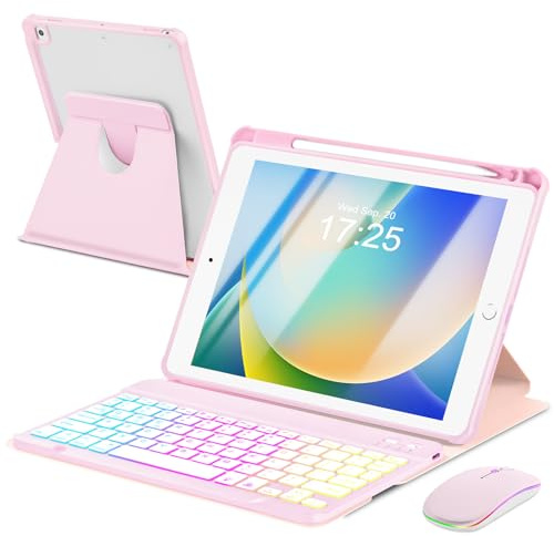 EAMPANG Funda con teclado y mouse para iPad de 9ª 8ª 7ª generación de 10.2 pulgadas, 7 arcoíris, retroiluminado, desmontable, inalámbrico, cubierta magnética giratoria con soporte para lápiz para iPad