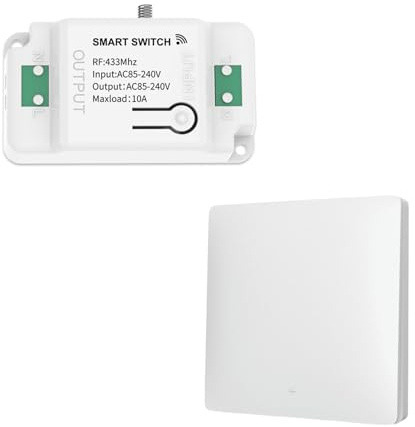 Kit Interruttore Wireless RF, 1 Centralina Ricevitore + 1 Interruttore RF Senza Batteria, 220V 10A, Senza Cavi, IP20 Bianco