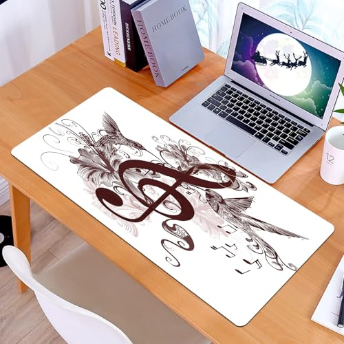 KDWJS Tapis de Souris XXL Speed Gaming - 90x40 cm - Base en Caoutchouc antidérapant Extended - Améliore la précision et la Vitesse - Musique, Joli Motif Floral avec clé de Sol et Oiseaux Volants Chan