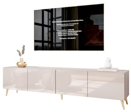 Lookway Moderner wandhängender TV-Schrank in Kaschmir Hochglanz, optional mit LED-Beleuchtung auf schrägen Onyx-Beinen – COLGANTE 200 cm (ohne LED Beleuchtung, Beine: Gold Chrom)