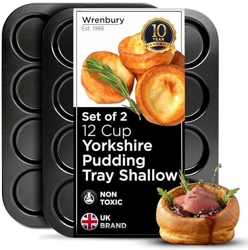 Wrenbury 12 Cup Yorkshire Pudding Tray Set of 2 - Non Stick Baking Tin | Heavy Gauge Carbon Steel - Ideal for Smaller Yorkshire Puddings and Toad in The Hole