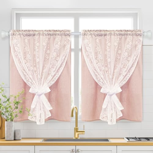 Alishomtll Tende a 2 pannelli, a doppio strato, tende da caffè con lino e pizzo, mantovana rustica per piccole finestre, cucina, bagno, bar, 66 x 91 cm, tasca per asta, rosa