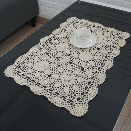 Vintage Style Handmade Cotton Crochet Lace Table Cloth for Rectangle Small Tables, Suitable for Dining Room, Cafe, Restaurant, Hotel and DIY Decoration Use (Beige)