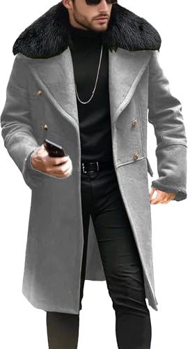 Cappotto lungo invernale da uomo, con doppio petto, trench, collo in pelliccia sintetica rimovibile, grigio chiaro, taglia 6XL