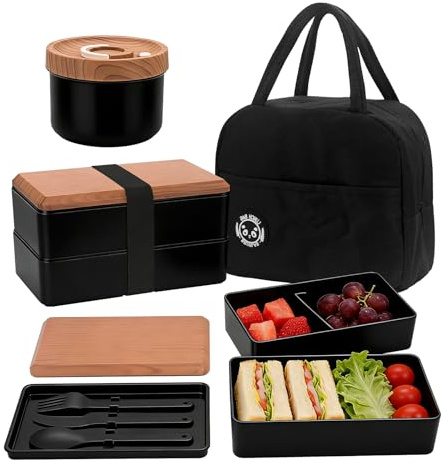 Yuhtech Lonchera Bento japonesa de 2 niveles, lonchera Bento con compartimentos, contenedor de sopa con cuchara, cuchillo y tenedor y bolsa térmica (negro)