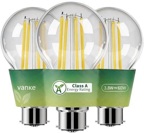 Vanke Bayonet Vintage Light Bulb, 3.8W=60W, LED Filament Bulb, Pack of 3 | A-Rated Ultra-efficient, B22 A60 Lightbulb, 2700K Warm White, 900 Lumen, 50000H Lifespan, Non-Dimmable