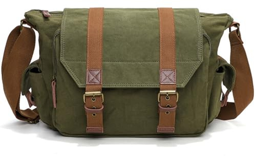 DremFreo Vintage canvas fotoväska för spegelfri SLR och bärbar dator 13 tum Messenger med utdragbar vadderad väska 34 x 13 x 27 cm #507, olivgrön, 34 X 13 X 27 Centimetri