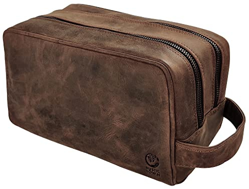 Borsa da toilette in pelle per uomo e donna - Custodia per cosmetici di bellezza da viaggio vintage - Borsa per il trucco Kit Dopp da barba da Rustic Town, Marrone Scuro
