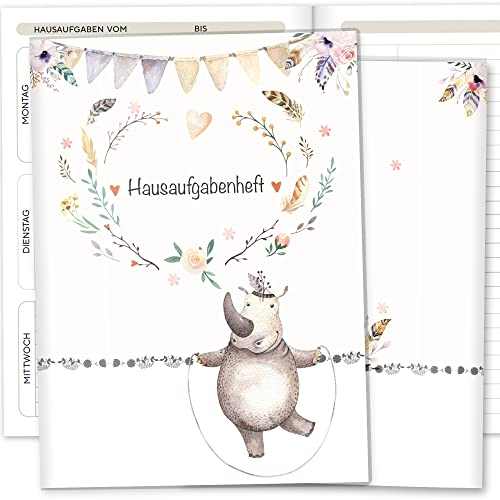 Olgs Hausaufgabenheft Hülle Boho Freunde inkl. Heft Schulheft Schutzhülle Umschlag Geschenkidee Einschulung Grundschule (ohne Personalisierung, Nashorn)
