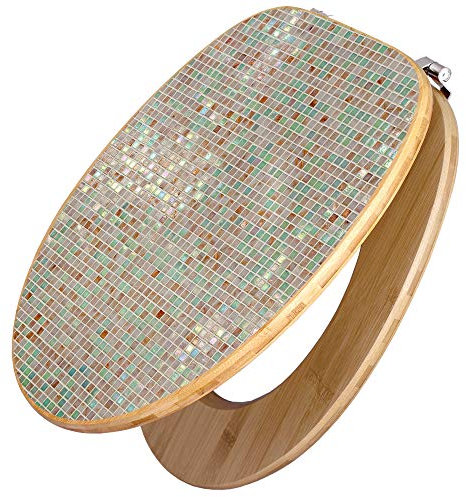 banjado Design WC Sitz Bambus 45x37,5cm / Toilettendeckel Holz/hochwertiger Toilettensitz/Bambus-Toilettendeckel für alle gängigen Toiletten - Grüne Fliesen