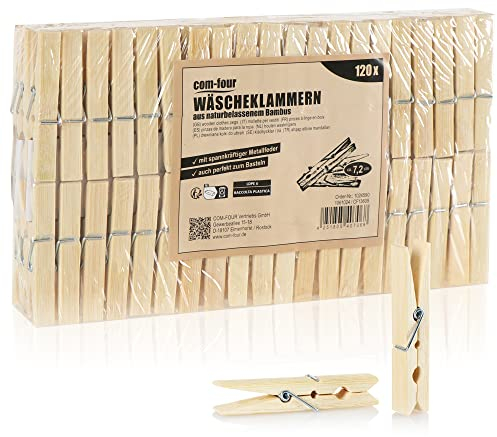 COM-FOUR® 120x Mollette da bucato in bambù - mollette in legno, sostenibili - mollette per stendere la biancheria - 7 cm (Bambù - 120 pezzi)