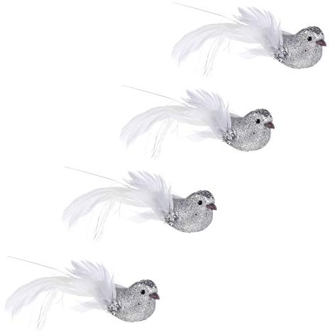 STOBOK Künstliche Vögel mit Clip Schaum Künstliche Feder Silber Vögel Glitzer 14CM Hochzeit Valentinstag Geburtstagsfeier Party Festival Garten Baum Dekoration 4 Stück