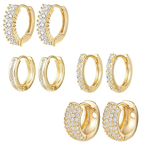 ALEXCRAFT Small Gold Huggie Hoop Earrings for Women Set of 4 Pairs hypoallergenic Gold Diamond Earring Cubic Zirconia Hoops Earing