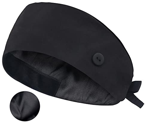 QBA Verstellbare Arbeitskappe mit Knopf, Baumwoll-Arbeitsmütze, Schweißband, elastische Bandage, Raffhalter, Hüte für Damen und Herren, Einheitsgröße, Satin-Futter, schwarz, Einheitsgröße