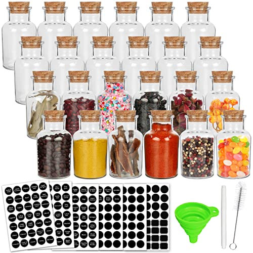 Keketin 24 Pack Glass Jars Bottles with Cork Lids,5oz Herb Bottles 150ml Spice Jars with 215 Labels,Clear Glass Decorative Jars for Tea Leaves,Spices,Nuts,Seasonings or Party Favors