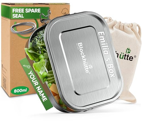 Blockhütte Personalisierte Lunchbox aus Edelstahl für Kinder und Erwachsene I 800 ml Lunchbox aus Metall I Metall-Bento-Boxen mit 2 beweglichen Trennwänden - Auslaufsichere Lunchbox - Langlebige Bento