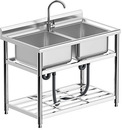 Freestanding Stainless Steel Sink, Commercial Restaurant Sink, Large Double Bowl Sink, Outdoor Sink, for Business Restaurant, Cafe, Bar, Hotel, Garage, Laundry Room, Outdoor, W43” × D25.2” × H33.5”