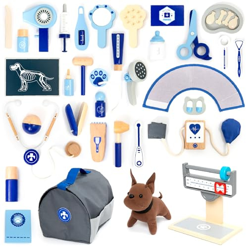 UMU® Jeu de vétérinaire pour Enfants en Bois avec modèle de Chien, stéthoscope, tensiomètre, etc., Jouet vétérinaire pour Le Jeu de rôle, Set de 37 pièces pour Les Filles et garçons de 3, 4, 5 Ans