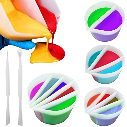 4 Pcs Split Cups for Paint Pouring + 2 Pack Stir Stick, Silicone Paint Pour Cup Resin with 2-5 Channels Dividers Pouring Painting Tools for DIY Making Accessories Fluid Art Drawing (2/3/4/5 Channels)