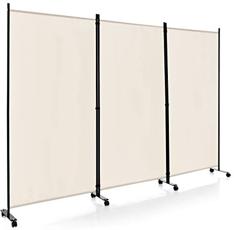 COSTWAY Paravento da Interno in Metallo, Separé Divisorio Interno Pieghevole con Piedini Stabili, Pannelli Divisori per Interni per Casa e Ufficio (Beige, 262 x 180 cm (3 Pannelli con ruote))