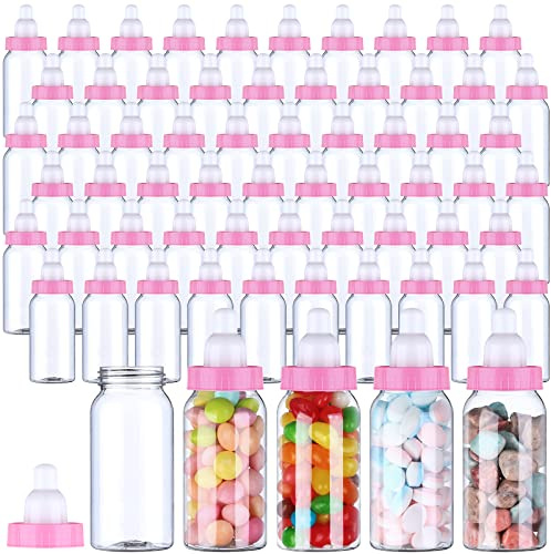 PINKXHY 60 Pcs 4.5 Inch Baby Mini Milk Bottle Baby Shower Favor Fillable Feeding Bottle Candy Box Small Plastic Candy Container DIY Gift for Boy Girl Newborn Baptism Party Decor (Pink)