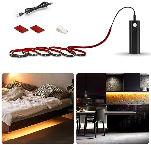 WOBANE - Tira de luz LED activada por movimiento, caja de batería magnética recargable con tira LED de 6.5 pies, barra de sensor Homelife de 60 luces LED para clóset, escalera, despensa, encimera,