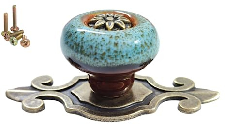 Wannianmu 10 Pack Retro Ceramic Knobs,Vintage Dresser Kitchen Petal Cabinet Pulls Rustic Zinc Alloy Base Back Plate Kid Cupboard Wardrobe Drawer Door Handles (Leopard Print Blue)