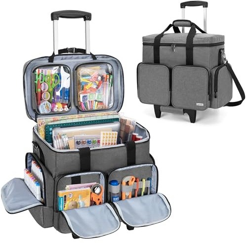 CURMIO Scrapbook Rolling Totes, Scrapbooking Aufbewahrungstasche, Grau | Abnehmbarem Trolley/ Schultergurt/ Kleine Taschen, Laptopfach, für Scrapbooking-Zubehör & Bastel, Handarbeitstasche, Leer