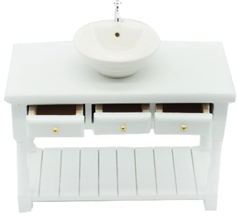 Puppen Hausmöbel 1:12 Puppenhaus Holz Washin Becken Runde Dollhouse Bad Waschbecken mit Waschbecken Miniatur Badezimmer Tisch Waschbecken Modell für Puppenhaus weiße Weihnachtsdekorationen