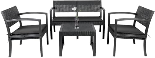 Sekey Balkonset 4 Sitzer Gartenmöbel Polyrattan Gartenlounge-Set Sitzgruppe Wetterfest, (4-TLG), 1x Tisch + 2X Stühle + 1x Sitzbank, Balkonmöbel Gartenmöbel Set Garten Balkon Lounge Set, Schwarz
