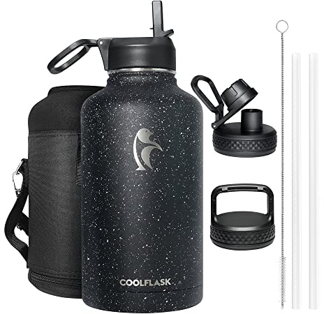 Coolflask Isolierte Wasserflasche 2L, Halbe Gallone Wasserkrug mit Strohhalm & 3 Deckel, Große Isolierte Wasserflasche, Edelstahl Vakuum für Sport und Reisen, Starry Black