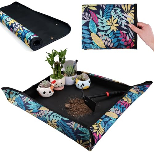 Umtopfmatte für Zimmerpflanzen, Umtopfen und Eintopfen, Bodenschmutzkontrolle, faltbar, wasserdicht, Oxford-Stoff, Blumenmuster, Pflanzschale, Gartengeschenke für Pflanzenliebhaber (74,9 x 74,9 cm)