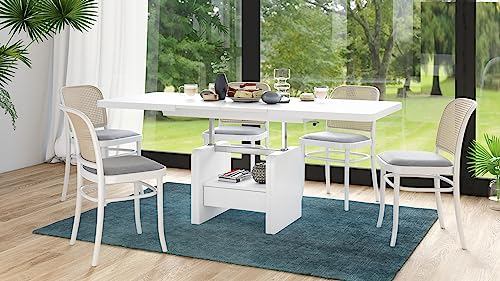 Design Couchtisch Lexus höhenverstellbar ausziehbar Esstisch Schublade, Farbe:Weiß matt