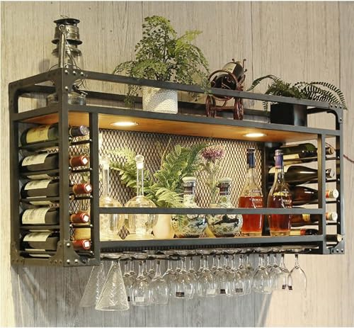 Witriolik Botellero de Pared Industrial Botellero Vino, 125x30x50cm Botellero Pared con Portabotellas, Color Negro, Multifuncional Soporte de Copas Sostenedor(Botellero Pared/125x30x50cm)