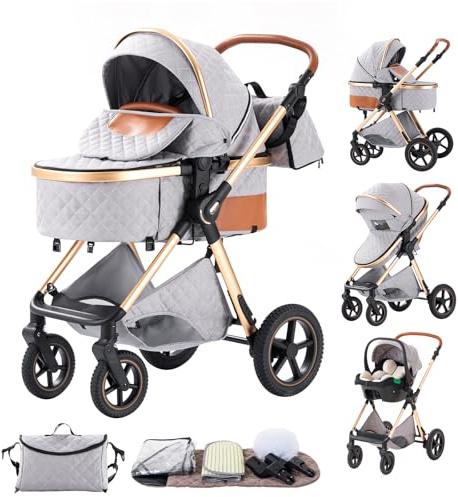 BEBBY BEBBY Cochecito de bebé 3 en 1,Carricoche Combinado Paisaje Alto Marco de Aluminio Para Recién Nacido0-22KG,Portátil Carrito Bebe 3 en 1 Con Asiento De(Lightgrey-6, H2)
