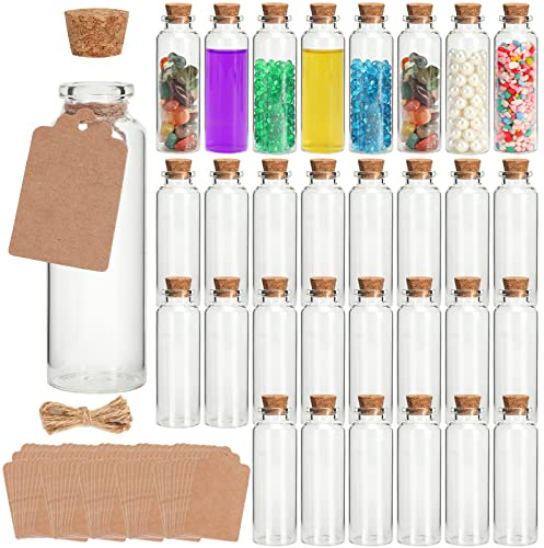 Lot de 30 mini bouteilles en verre de 30 ml avec bouchons en liège, décoration à faire soi-même, mini fioles en liège, bouteille à vœux avec étiquettes et ficelle pour loisirs créatifs, décoration,