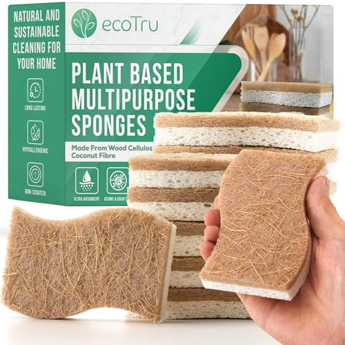 12 Pack Natural Washing Up Sponge, UK Brand Eco Friendly Kitchen Dish Cleaning Sponges, Compostable Cellulose & Coconut Eco Sponges & Scourers, Biodegradable Non Scratch for Heavy Duty Scrubbing
