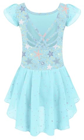 Arshiner Ropa de Ballet para Niños Vestido de Ballet para Niñas Malla de Ballet de Manga Corta Traje de Ballet Vestido de Baile Body de Baile Hecho de Algodón con Falda de Tutú Turquesa 2-3 Años
