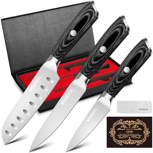 MOSFiATA 3PCS Kitchen Knife Set, Sharp Chef Knives High Carbon German EN1.4116 Stainless Steel Santoku Cooking Fruit Paring Knife Kitchen Chopping Knives Sets with Wooden Handle Gift for Men/Women