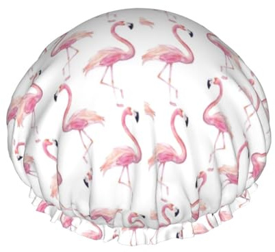 Wiederverwendbare Duschhaube für Damen, süße Badehaube mit rosa Flamingo-Aufdruck, doppellagig, wasserdicht, Dusch-Haarschutz, verstellbares Gummiband, Duschhut für Home-Spa-Salon, Badehauben