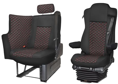 Generisch Sitzbezüge/Schonbezüge Öko-Leder LKW Passend Für Actros SOLOSTAR MP4, MP5, Schwarz mit roten Nähten