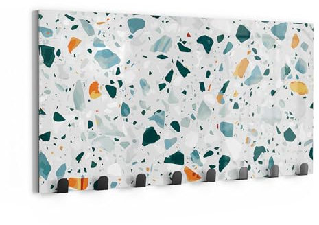 DEQORI Wandgarderobe Glas & Metall | Motiv Bunter Terrazzo-Trend | 60x30 cm | Design Haken-Leiste modern | Garderoben-Paneel für Flur, Wohnzimmer & Schlafzimmer | magnetisch & beschreibbar