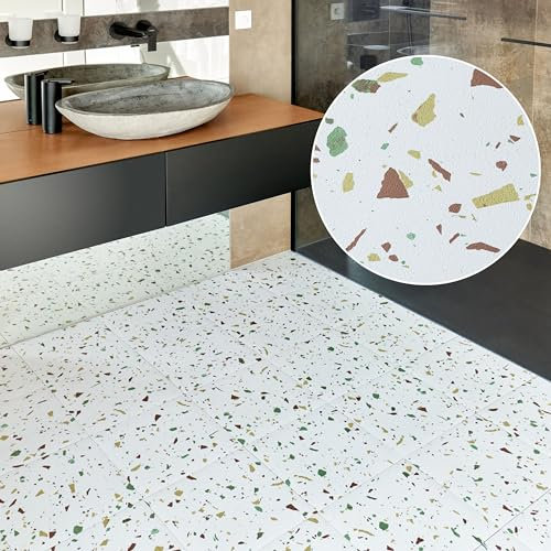 Vinyl Floor Tiles Self Adhesive 30-Pack - Covers 30 sq.ft (2.79 m²) - Wear Resistant Square Flooring Tile 12x12 in (30.5 x 30.5cm) - White Terrazzo Look with Flecks Peel and Stick Floor Tiles