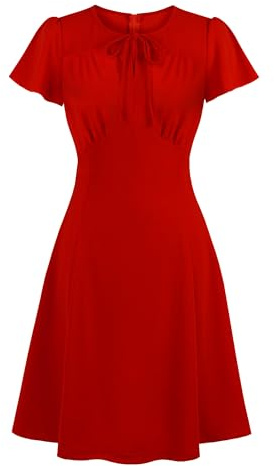 Wellwits Women's Ruched Bow Tie A Line Vintage Dress | Formal,Work,Office Lady,Party,Cocktail,Dance,Stretchy Fabric,Above Knee Length,Retro,Christmas Colors