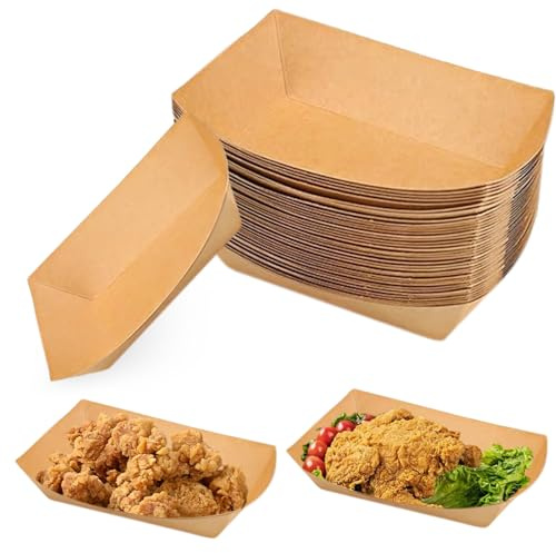 WIYETY 100 Stück Kraftkarton Schalen, Wasserdicht Pommesschalen Aus Pappe, Fingerfood Schalen, Pappteller Snackschalen für Pommes, Snacks, Macarons (18cm x 12cm x 2.5cm)