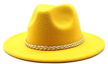 Jiaxu-Hüte Winter-Wollhut mit Flacher Krempe, lässiger, vielseitiger Jazz-Hut mit breiter Krempe, Filzhut mit Metallkette(Gelb)