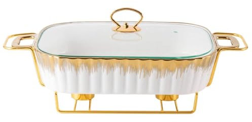XMWOEIX Chafing Dish aus Keramik für Buffets, weißes Warmhaltetablett mit Glasdeckel, zum Servieren von Suppe, rechteckiger Catering-Auflauf für Partys, 1,6 QT
